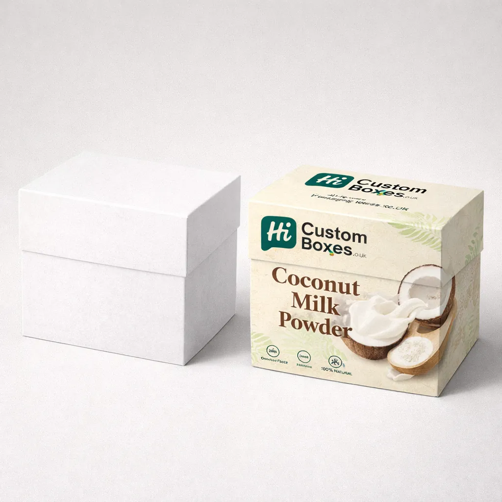 Rigid two-piece luxury gift boxes featuring premium printed coconut milk powder branding and natural imagery. class=